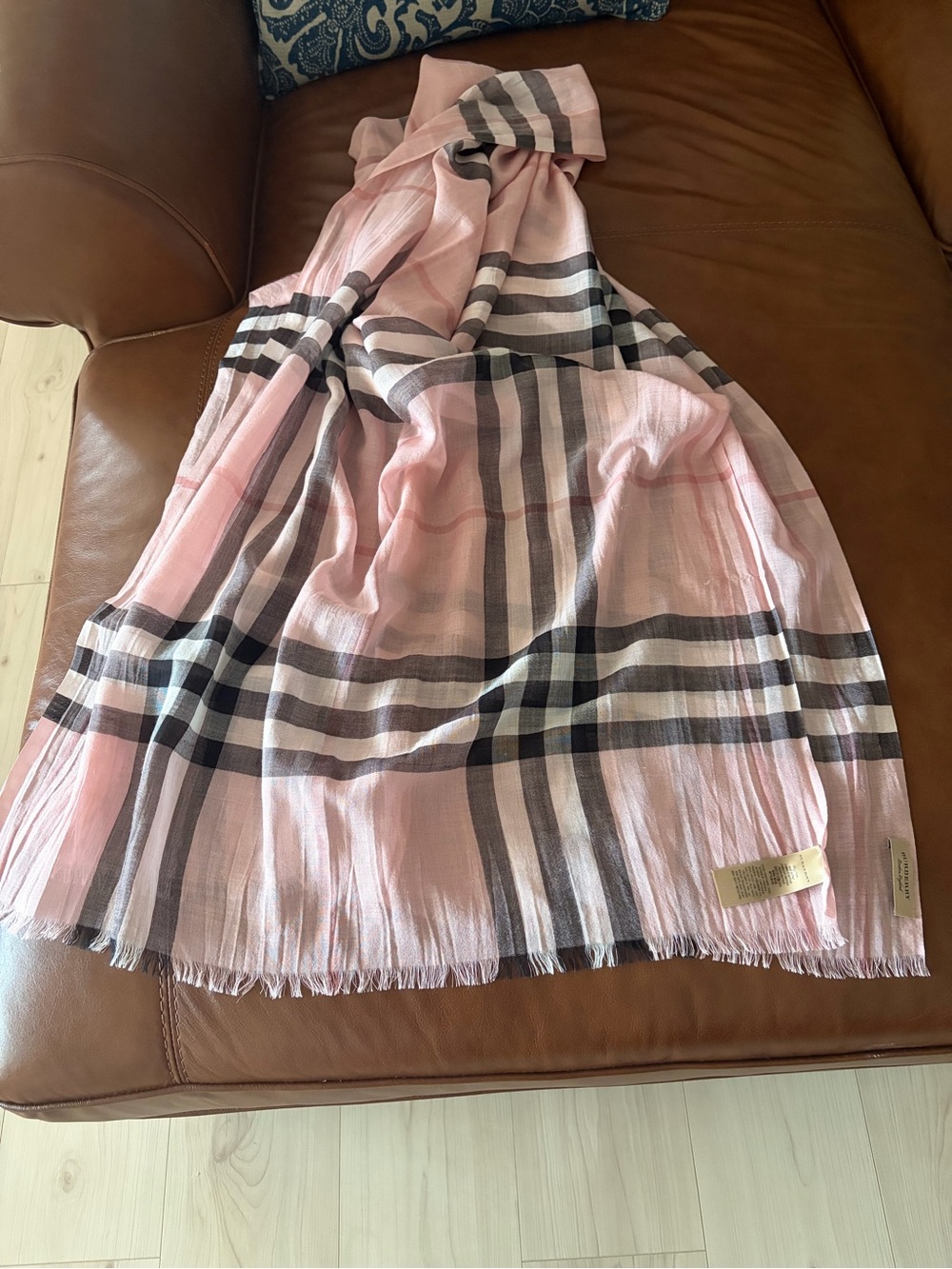 New Giant Burberry Pale Pink Plaid Fringe Scarf with Black and Cream Detail